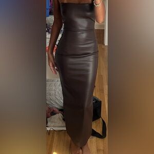 Brown Leather Strapless Maxi Dress